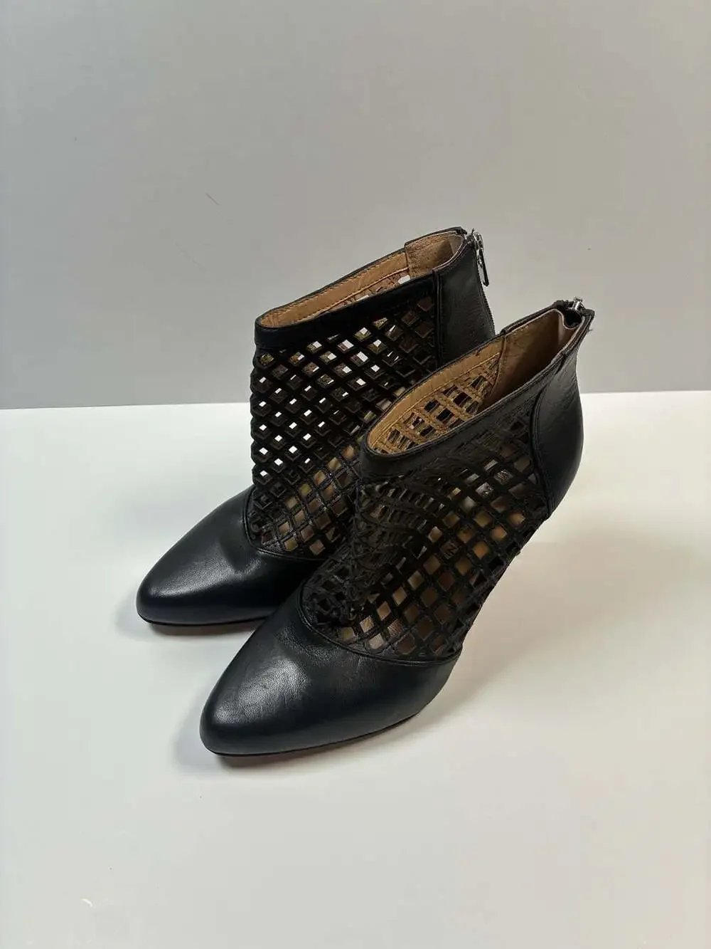Antonio Melani Mena Black Leather Lattice Cutout Ankle Booties